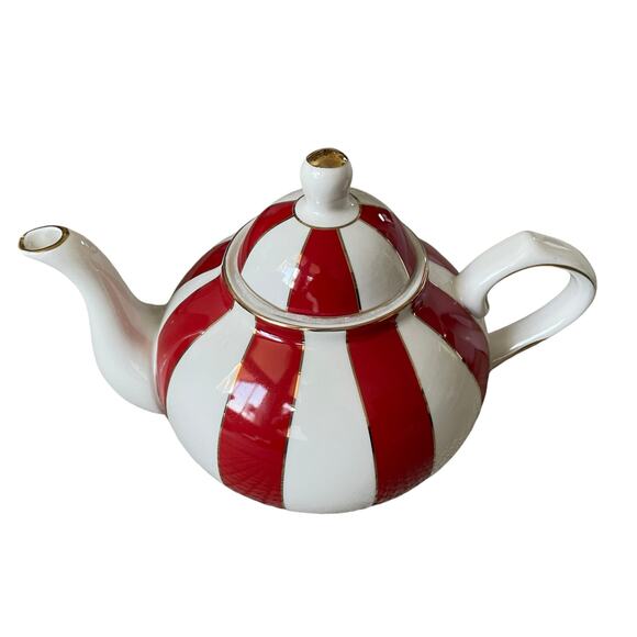 Grace Teaware Fine Porcelain Teapot Holiday Red White Gold Peppermint Stripe New - Picture 4 of 16